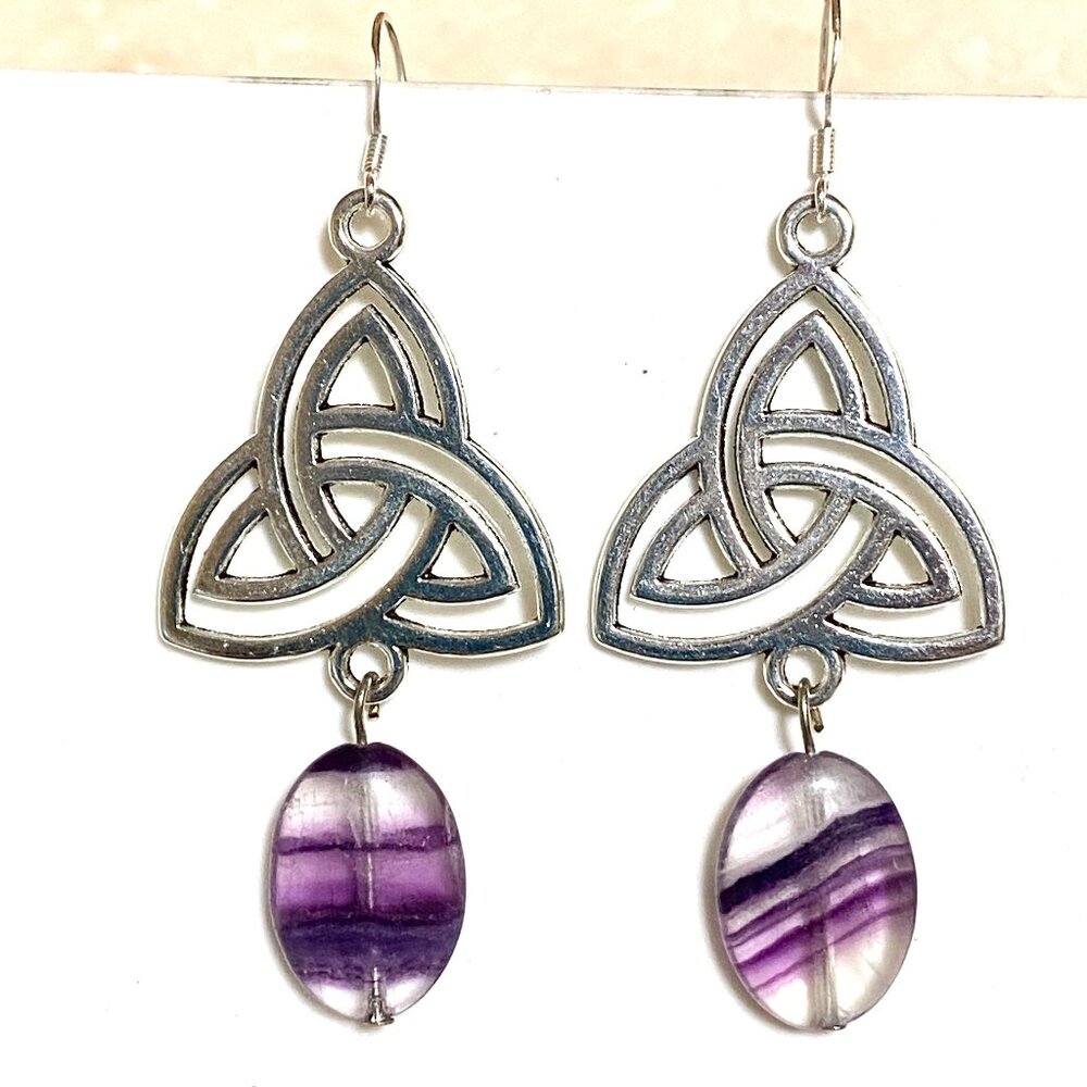 2/$20, Genuine Purple Fluorite Triqueta Sterling Silver Dangle Earrings
